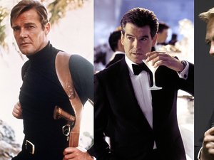 Trzy portrety aktorów grajacych Jamesa Bonda