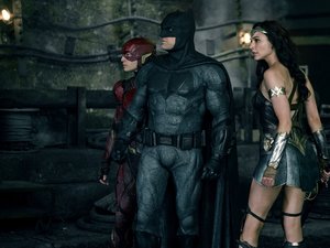 EZRA MILLER as The Flash, BEN AFFLECK as Batman and GAL GADOT as Wonder Woman in Warner Bros. Pictures' action adventure "JUSTICE LEAGUE," a Warner Bros. Pictures release.