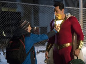 (L-r) JACK DYLAN GRAZER as Freddy Freeman and ZACHARY LEVI as Shazam in New Line Cinema's action adventure "SHAZAM!," a Warner Bros. Pictures release.