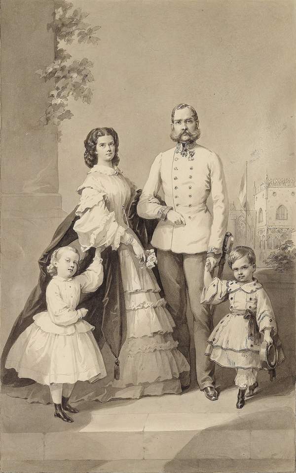 Cesarzowa Elżbieta Bawarska, Sisi, Franciszek Józef I, z dziećmi: Rudolf i Archduchess Gisela, 1860.