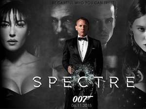 Czarno bialy plakat filmu o Bondzie Spectre