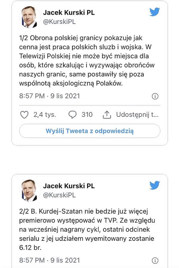 Jacek Kurski, tweet o zwolnieniu Basia Kurdej-Szatan, 09.11.2021 rok