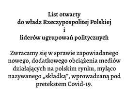 List otwarty do władz Rzeczypospolitej Polskiej i lider&oacute;w ugrupowań politycznych