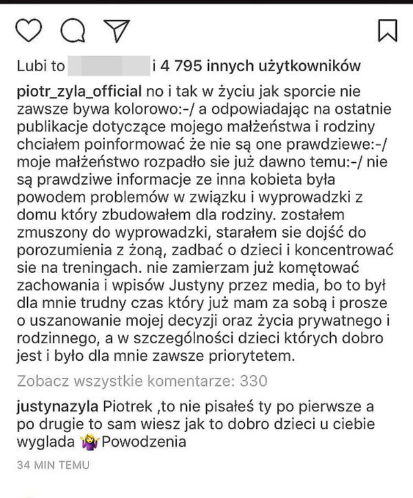 Odpowiedź Justyny Żyły, Piotr Żyła
