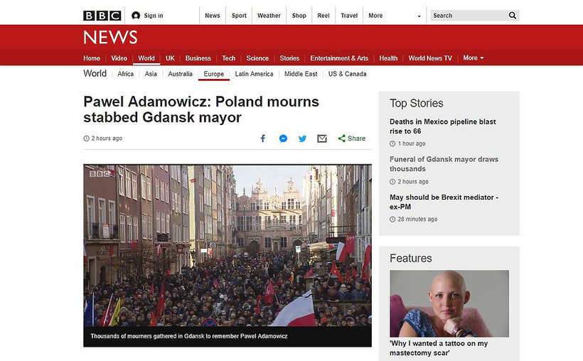 pogrzeb Pawła Adamowicza, zagraniczne media o pogrzebie
