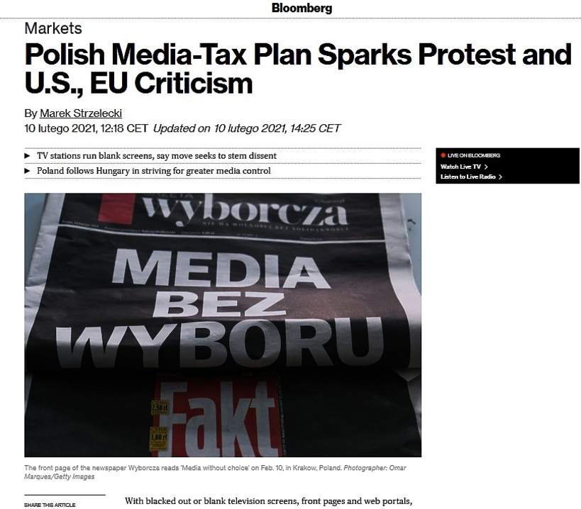 Protest mediów w Polsce bloomberg