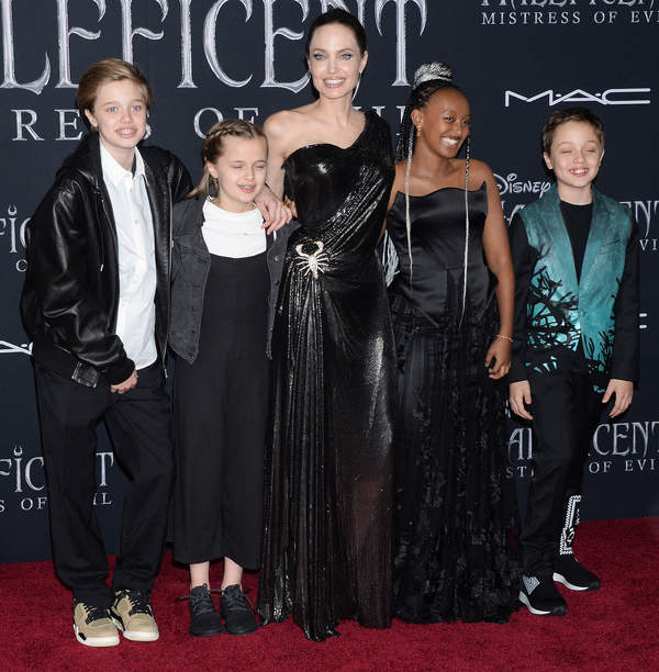 Angelina Jolie z dziećmi Shiloh, Vivienne, Zaharą i Knoxem, premiera filmu Maleficent: Mistress Of Evil, 30.09.2019