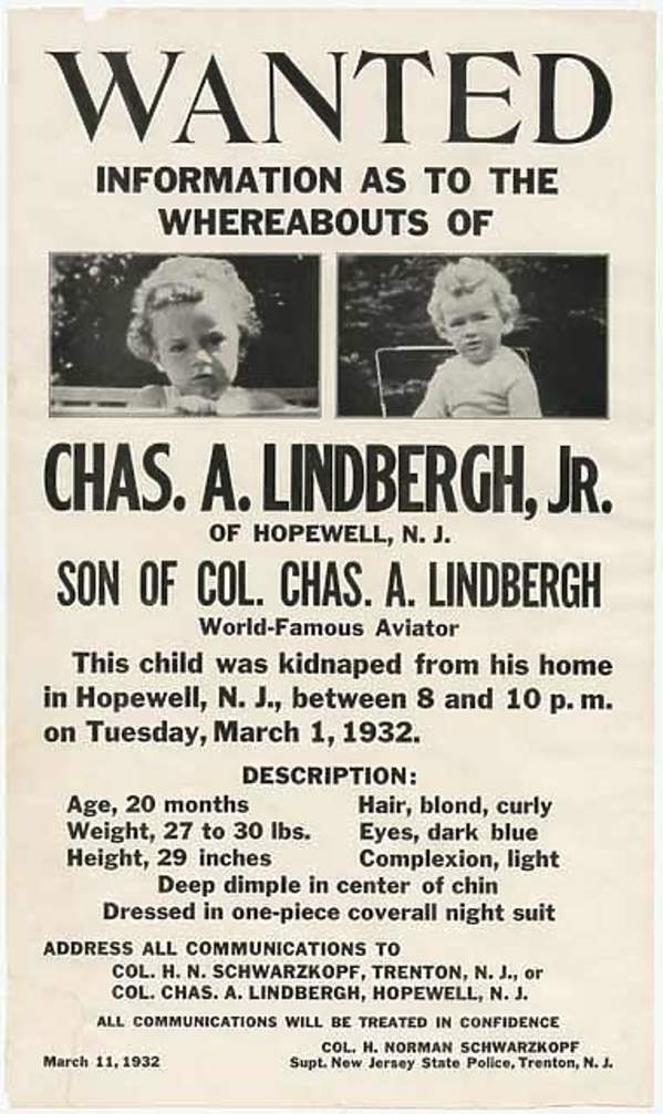 Charles Lidndbergh, List gończy dystrybuowany po porwaniu syna Lindberghów