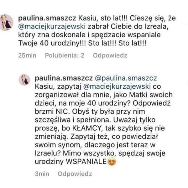 Komentarz Pauliny Smaszcz pod postem Katarzyny Cichopek na Instagramie