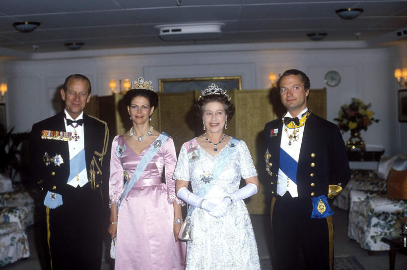 Królowa Elżbieta II, król Karol XVI Gustaw, królowa Sylwia, książę Filip, Sztokholm, Szwecja, 25.05.1983 rok