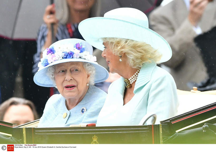 Królowa Elżbieta II, księżna Camilla, rodzina królewska na wyścigach w Ascot, 19.06.2019