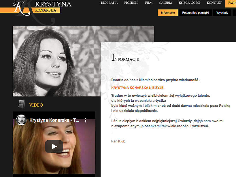 Krystyna Konarska nie żyje. Screen z jej strony internetowej