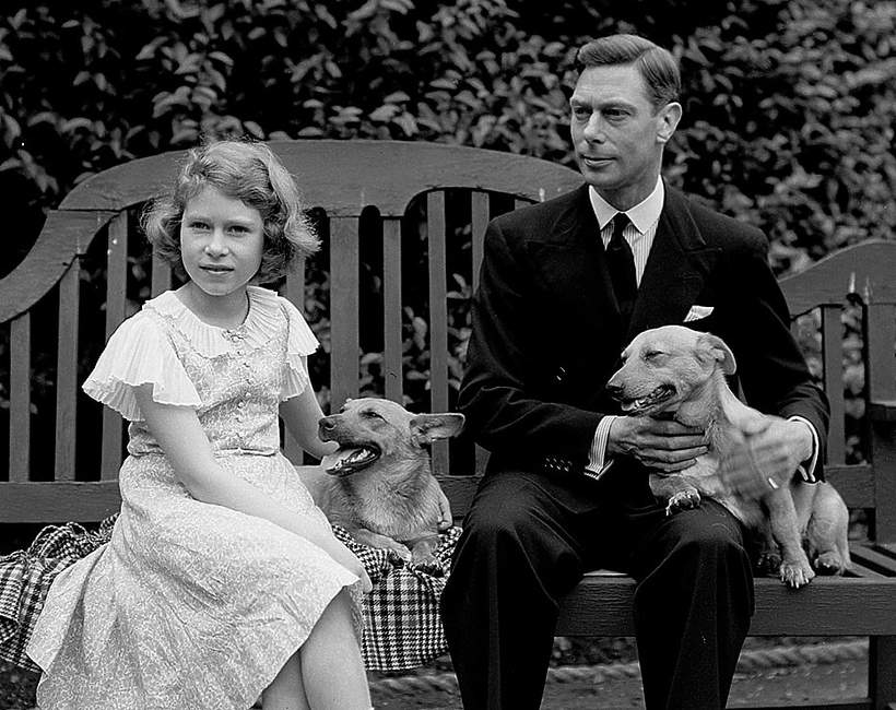 Książę Albert, późniejszy król Jerzy VI, jego córka księżniczka Elżbieta (późniejsza królowa), psy corgi, Londyn, lipiec 1936 roku