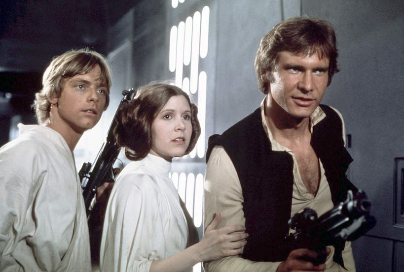 Mark Hamill, Carrie Fisher, Harrison Ford na planie „Gwiezdnych wojen”, 1977 rok