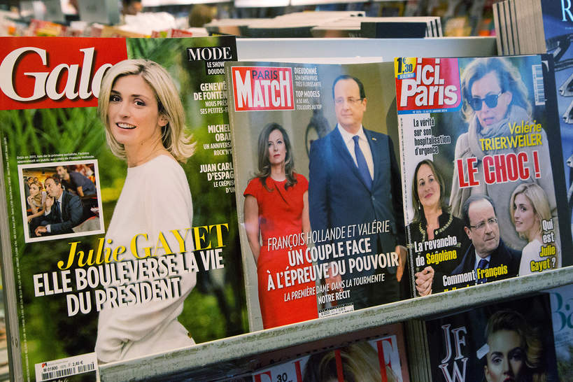 Okładki magazynów we Francji po ujawnieniu romansu Francois Hollande'a, Julie Gayet, 15.01.2014 rok, Paryż, Francja 
