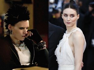 Rooney Mara w filmie "Dziewczyna z tatuażem" (2011) i na premierze filmu "Carol" (2015)