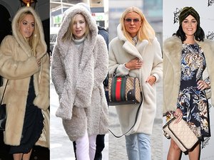Rooney Mara, Katy Perry,Kate Hudson, Joanna Horodyńska, Rita Ora w puszystych jasnych płaszczach z futra