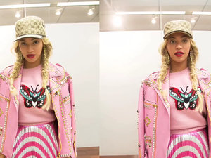 Stylizacja Beyonce - różowa, wzorzysta spódnica i kurtka