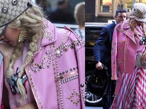Stylizacja Beyonce - różowa, wzorzysta spódnica i kurtka