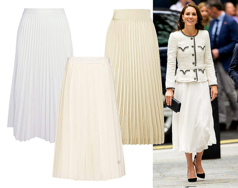 Kate Middleton w białej, plisowanej spódnicy.