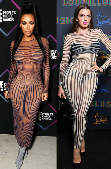 porownanie stylu Kim Kardashian i Julia Fox  suknia w paski przezroczysta look