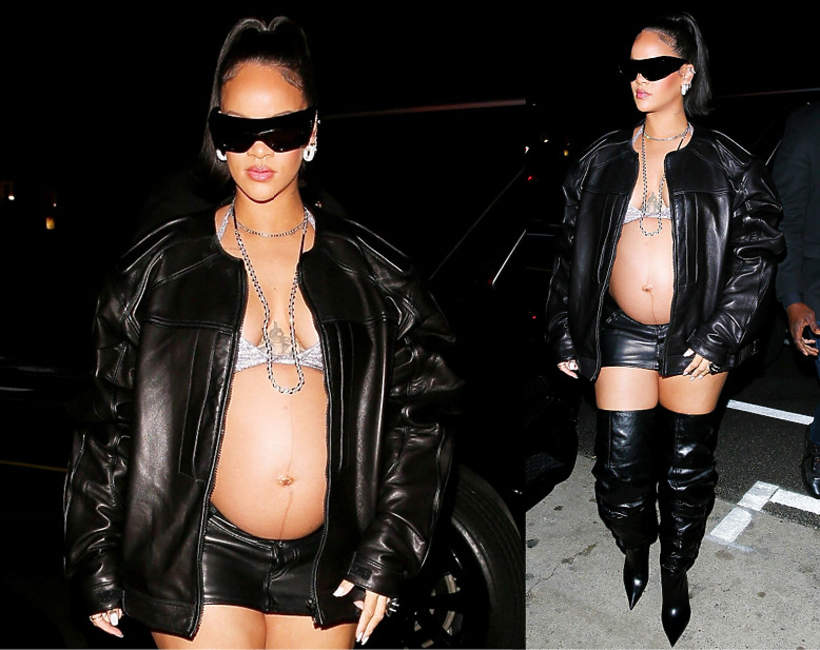 Rihanna w ciazowym looku skorzanym stylizacja czern