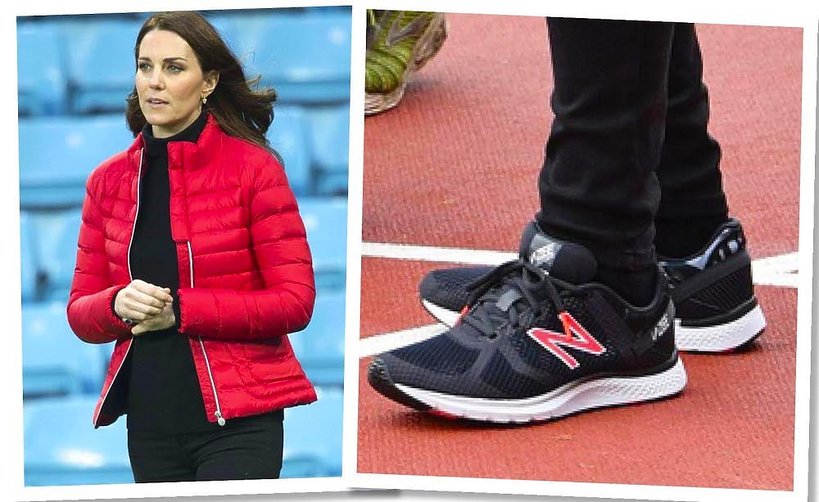 Księżna Kate w czerwonej puchówce i butach sportowych New Balance